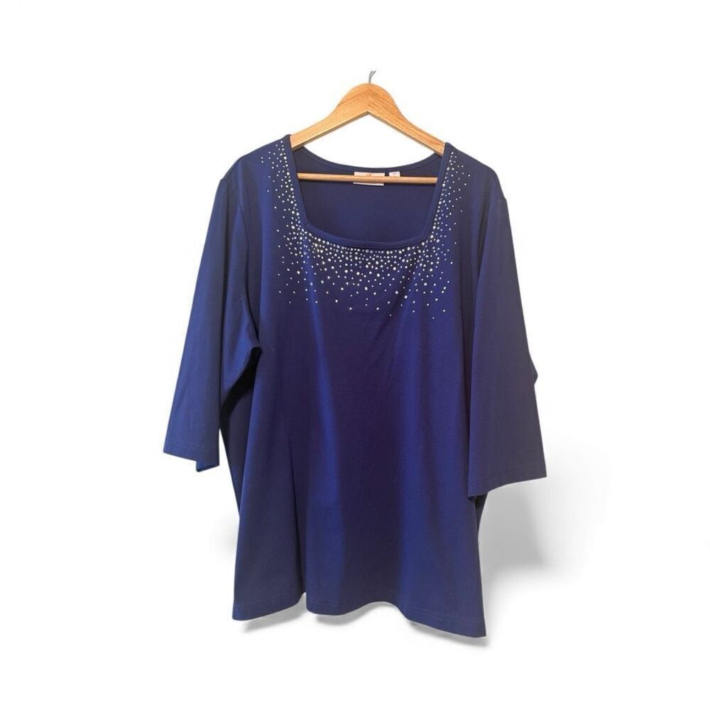 Quacker Factory Size 3X Rhinestone Square Neck Tunic Top Midnight Blue Sparkle